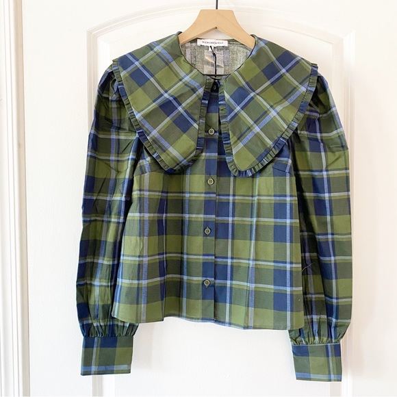 WeWoreWhat Puff Sleeve Plaid Oversized Collared Blouse NWT Academia - Picture 4 of 12